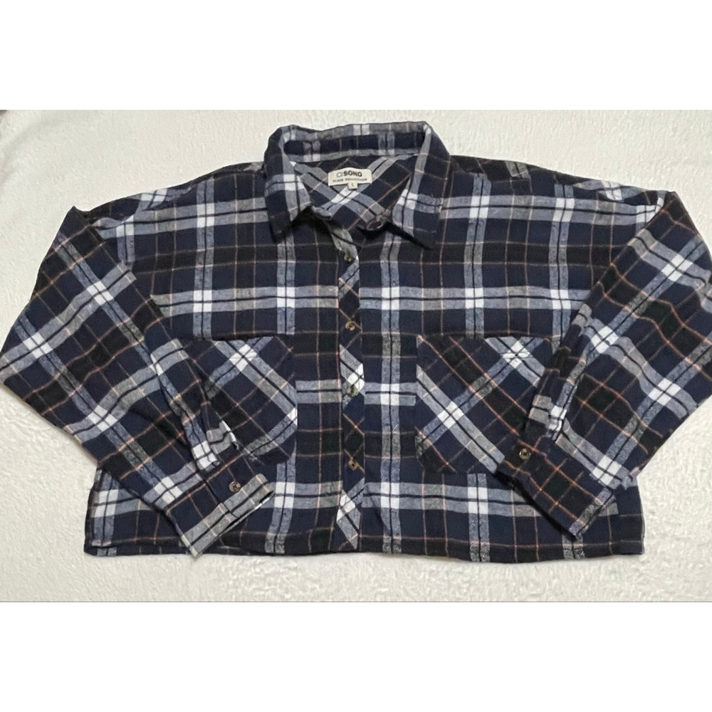 Women's CI SONO Navy Plaid Button Down Shirt L